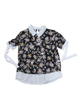 Faith And Joy Black Floral Collared Top With White Trim And Tie Sleeves S